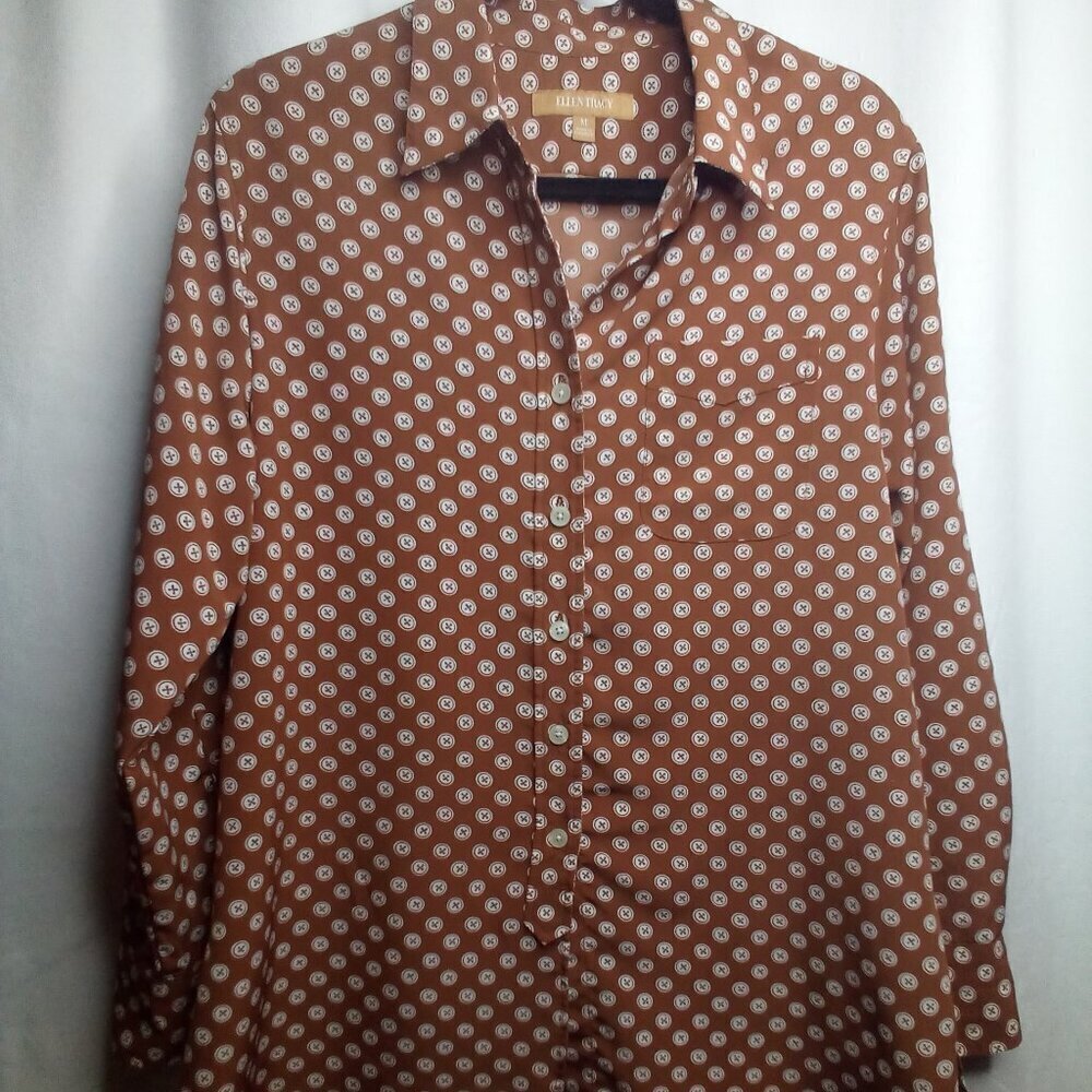 Ellen Tracy Blouse M Button Up Shirt Long Sleeve Patterned Brown White